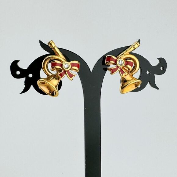 Vintage Avon Holiday Trumpet Ribbon Christmas Festive Stud Gold Tone Retro - Picture 4 of 6